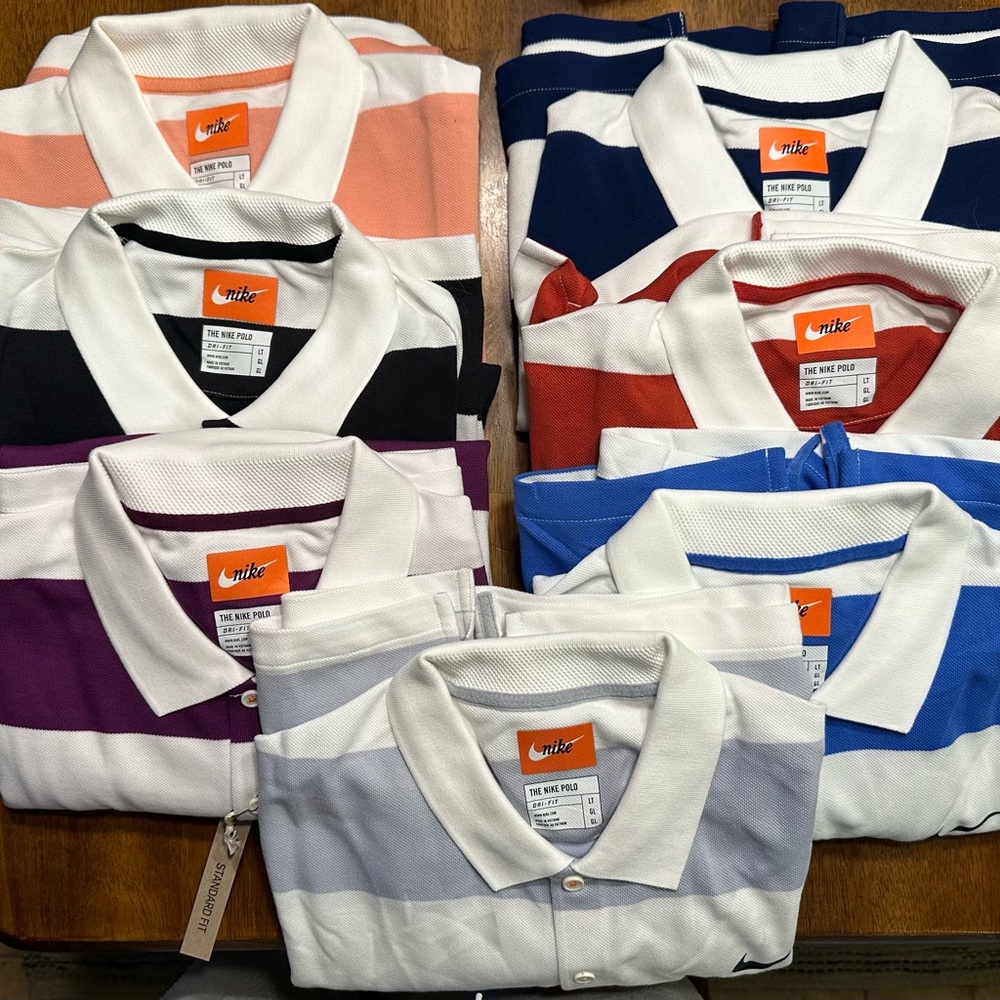 Lot of 7 Nike Large Tall Dri-Fit golf polos.